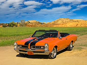 AUT 22 RK2439 01
1966 Pontiac GTO Convertible Orange Black Stripes 3/4 Front View On Pavement