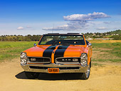AUT 22 RK2441 02
1966 Pontiac GTO Convertible Orange Black Stripes 3/4 Front View On Pavement
