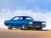 AUT 22 RK2605 01
1968 Plymouth GTX Blue Low 3/4 Front View On Pavement Clouds Sky