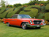 AUT 22 RK2618 01
1962 Chrysler 300H Red Front 3/4 View On Grass By Shrubs Sky