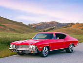 AUT 22 RK2657 01
1968 Chevrolet Chevelle SS 396 Red And Black 3/4 Front View On Road By Grass Hills