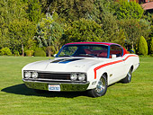 AUT 22 RK2704 01
1969 Mercury Cyclone White And Red 3/4 Front View On Grass By Trees