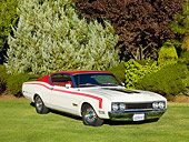 AUT 22 RK2705 01
1969 Mercury Cyclone White And Red 3/4 Front View On Grass By Trees