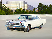 AUT 22 RK2729 01
1967 Plymouth GTX White Red Stripes 3/4 Front View On Pavement By Trees
