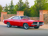 AUT 22 RK2793 01
1969 Dodge Charger R/T Red And White 3/4 Front View On Pavement By Brick And Stone Wall
