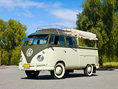 AUT 22 RK2798 01
1961 Volkswagen Double Cab Bus Green And Light Green 3/4 Front View On Pavement By Trees