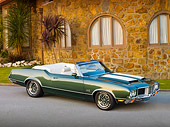 AUT 23 BK0034 01
1971 Oldsmobile 442 Green 3/4 Front View On Pavement By Building