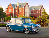 AUT 23 BK0044 01
1970 Mini Cooper S Blue 3/4 Front View On Pavement By Mansion