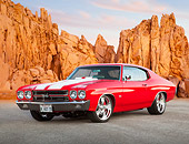 AUT 23 BK0070 01
1970 Chevrolet Chevelle SS 454 Red With White Stripe 3/4 Front View On Pavement By Red Rock