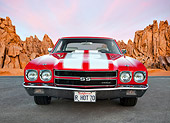 AUT 23 BK0071 01
1970 Chevrolet Chevelle SS 454 Red With White Stripe Front View On Pavement By Red Rock
