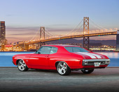 AUT 23 BK0074 01
1970 Chevrolet Chevelle SS 454 Red With White Stripe 3/4 Rear View On Pavement By Bay Bridge At Night