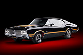 AUT 23 BK0094 01
1970 Oldsmobile 442 W-30 Black With Gold Stripe 3/4 Front View In Studio