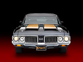AUT 23 BK0095 01
1970 Oldsmobile 442 W-30 Black With Gold Stripe Front View In Studio
