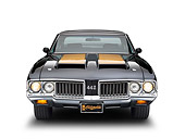 AUT 23 BK0096 01
1970 Oldsmobile 442 W-30 Black With Gold Stripe Front View On White Seamless