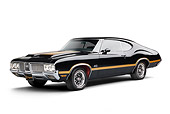 AUT 23 BK0097 01
1970 Oldsmobile 442 W-30 Black With Gold Stripe 3/4 Front View On White Seamless