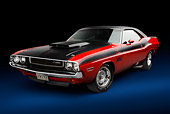 AUT 23 BK0103 01
1970 Dodge Challenger T/A Red And Black 3/4 Front View In Studio