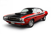 AUT 23 BK0104 01
1970 Dodge Challenger T/A Red And Black 3/4 Front View On White Seamless