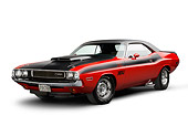 AUT 23 BK0105 01
1970 Dodge Challenger T/A Red And Black 3/4 Front View On White Seamless