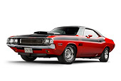 AUT 23 BK0106 01
1970 Dodge Challenger T/A Red And Black 3/4 Front View On White Seamless