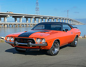 AUT 23 BK0114 01
1973 Dodge Challenger Hemi Orange 3/4 Front View On Pavement By Bridge