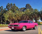 AUT 23 RK0021 01
1970 Plymouth Barracuda 440 Six Pac Pink 3/4 Front View On Pavement By Trees