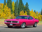 AUT 23 RK0023 01
1970 Plymouth Cuda 440 Six Pac Pink 3/4 Front View On Pavement By Trees And Grass