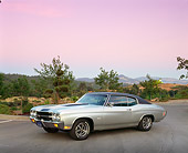 AUT 23 RK0038 01
1970 Chevrolet Chevelle 396 Silver With Black Stripe 3/4 Side View On Pavement By Trees Filtered