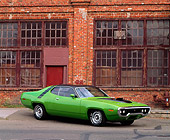 AUT 23 RK0082 03
1971 Green Plymouth Road Runner 3/4 Front View On Pavement By Brick Building