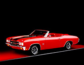 AUT 23 RK0095 03
1970 Chevrolet Chevelle SS 396 Convertible Red 3/4 Side View On Red Floor Gray Line Studio