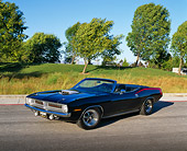 AUT 23 RK0589 01
1970 Plymouth Hemicuda Convertible Black 3/4 Front View On Pavement By Trees