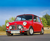AUT 23 RK0676 01
1971 Austin Mini Cooper Red Black Top Low 3/4 Front View On Pavement