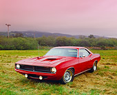 AUT 23 RK0895 02
1970 Plymouth Cuda Red 3/4 Front View On Dry Grass