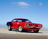 AUT 23 RK0924 03
1971 Plymouth Cuda 440 Orange And Black 3/4 Front View On Pavement Blue Sky