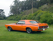 AUT 23 RK1124 01
1970 Mercury Cougar Eliminator Orange 3/4 Rear View On Grass Trees Background