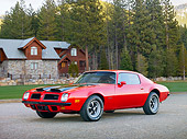 AUT 23 RK1836 01
1974 Pontiac Firebird Formula 400 Red 3/4 Front View On Pavement By Trees