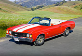 AUT 23 RK1842 01
1972 Chevrolet Chevelle SS Convertible Red With White Stripes 3/4 Front View On Pavement By Grassy Hills