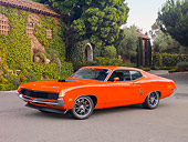 AUT 23 RK1844 01
1971 Ford Torino GT Orange 3/4 Front View On Pavement By Building And Trees
