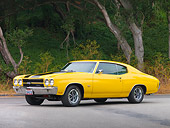 AUT 23 RK1877 01
1970 Chevrolet Chevelle SS 454 Yellow With Black Stripes 3/4 Front View On Pavement By Trees