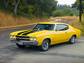 AUT 23 RK1878 01
1970 Chevrolet Chevelle SS 454 Yellow With Black Stripes 3/4 Front View On Pavement By Trees