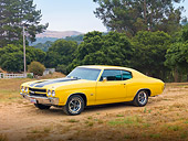 AUT 23 RK1879 01
1970 Chevrolet Chevelle SS 454 Yellow With Black Stripes 3/4 Front View On Dirt By Trees