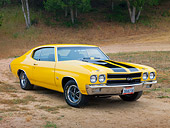 AUT 23 RK1881 01
1970 Chevrolet Chevelle SS 454 Yellow With Black Stripes 3/4 Front View On Dirt