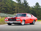 AUT 23 RK1882 01
1970 Chevrolet Chevelle SS Red With Black Stripes 3/4 Front View On Pavement By Trees
