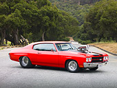 AUT 23 RK1888 01
1970 Chevrolet Chevelle SS Red With Black Stripes 3/4 Front View On Pavement By Trees