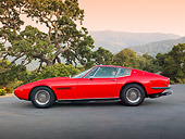 AUT 23 RK1898 01
1971 Maserati Ghibli SS Red Profile View On Pavement By Trees And Hills