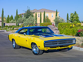 AUT 23 RK1900 01
1970 Dodge Charger R/T Yellow And Black 3/4 Front View On Pavement By Garden And House