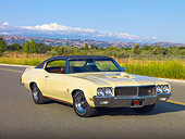 AUT 23 RK1922 01
1970 Buick GS Stage 1 Beige 3/4 Front View On Pavement By Field And Hills