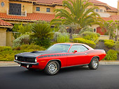 AUT 23 RK1931 01
1970 Plymouth AAR Barracuda Red And Black 3/4 Front View On Pavement By Mansion