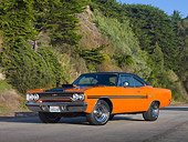 AUT 23 RK1937 01
1970 Plymouth GTX Six Pac Orange And Black 3/4 Front View On Pavement By Hillside