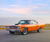 AUT 23 RK1940 01
1970 Plymouth GTX Six Pac Orange And Black 3/4 Front View On Pavement By Ocean