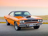 AUT 23 RK1941 01
1970 Plymouth GTX Six Pac Orange And Black 3/4 Front View On Pavement By Ocean